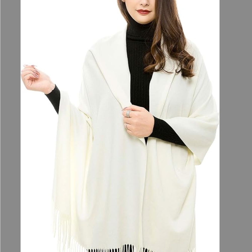 Cream Fringe Wrap Shawl - Elegant Lightweight Layer